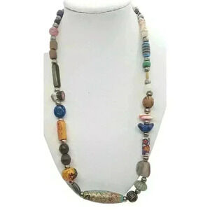 Vtg Bead Necklace Native Boho Fetish Heishi Scarab Shell Wood Murano Coral